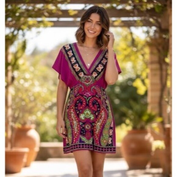 Angie Dresses & Skirts - Vintage 90s Angie Multicolored Print Boho Rayon Casual Summer Mini Dress Tunic